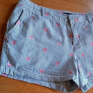 Cynthia Rowley Gray White Pin Striped‎ Shorts Pink Beach Umbrella Accents Y2K